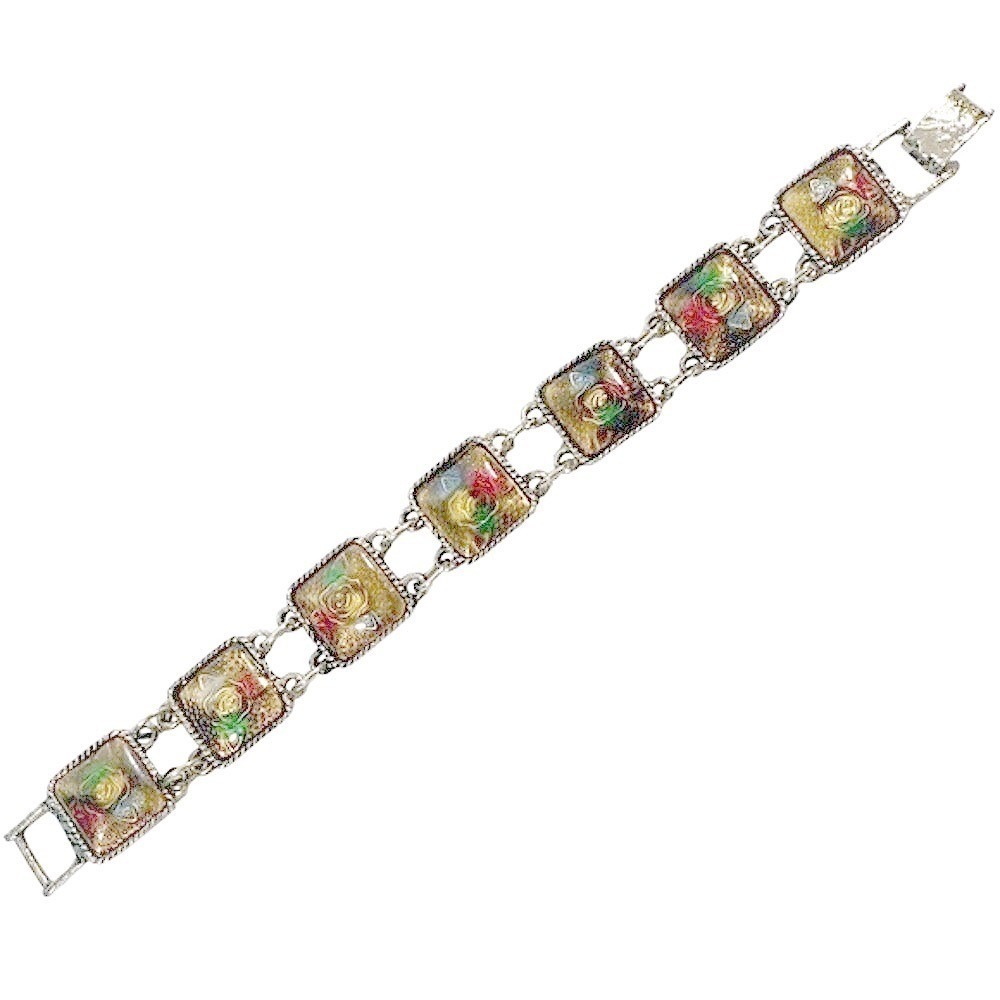 Vintage Floral Panel Link Bracelet Enamel Rose Gold Tone Boho Jewelry - Picture 8 of 10